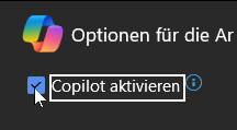 An interface displaying options with a checkbox labeled "Copilot aktivieren" (Activate Copilot) highlighted, along with an icon representing functionality.