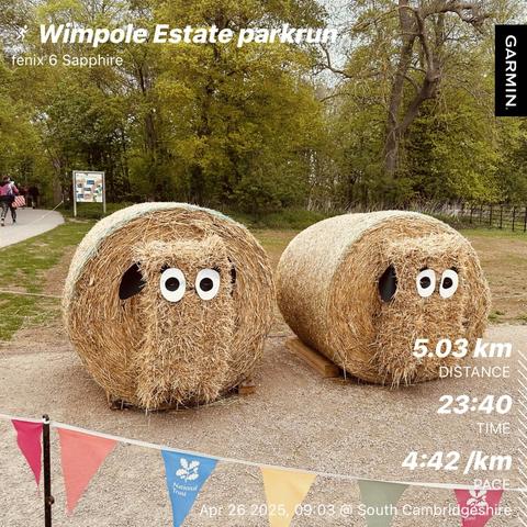 Wimpole Estate parkrun. 5.03 km distance. 23:40 time. 4:42/km pace.