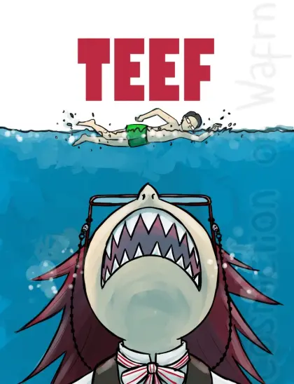 Digital fully rendered redraw of the poster for the movie Jaws, but with Black Butler characters Grell Sutcliff as the shark and William T. Spears as the swimming woman. William is wearing his glasses and bright green swimming shorts. Above William it says "TEEF" in all caps in the same font and color as the original movie title.