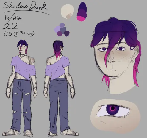 An OC ref sheet for a character named 'Shadow Dark' (He/Him, 22)
The sheet has a 6'5" (195.5 cm) tall pale skinned thin man who has dark purple hairs at the roots that fades to magenta at the tips.  
the full body has been mirrored and altered to show front/back
There's also a headshot, colour swatches, and an eye ref. His eye is the same colours as his hair, magental in the middle and goes out to the darker purple. 
Shadow is wearing an off-the-shoulder purple crop-top that'shaning off one shoulder. He also has baggy ripped pants, rips at the mid-thigh and knees.