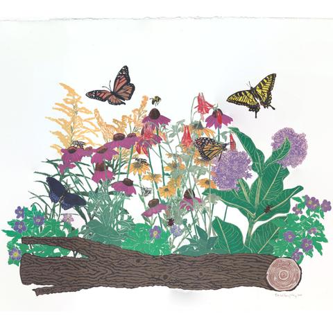 As described this is a my collaged linocut pollinator garden artwork featuring a log, wildflowers and pollinators including: Canada goldenrod, purple coneflower, wild geraniums, wild columbine, common milkweed, black eyed susans, monarch butterflies, red-spotted purple butterfly, white underwing moth, Eastern tiger swallowtail butterfly, bumblebee, sweat bee, resin bee, large milkweed bug and milkweed leaf beetle.