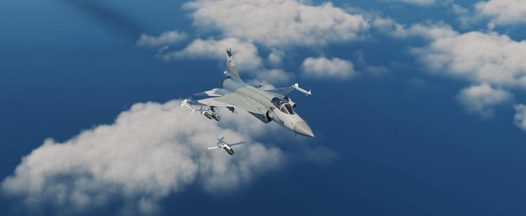 Screenshot from DCS, a JF-17 launching a glide bomb while at high altitude against the blue and white of the ocean and clouds below.