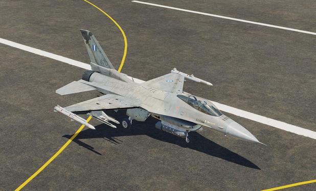 Screenshot from DCS, a damaged F-16 with holes in its wings has made it back to the airfield.