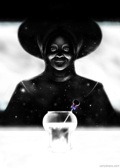 GUINAN bartender from Star Trek art by Carly A-F
Guinan behind bar with a tiny enterprise drink stirrer