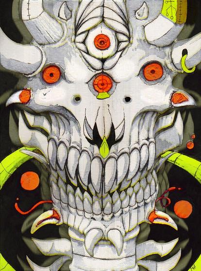 an alien looking skull with four eyes, many horns and four rows of pointy sharp teeth, slanted and uneven. There's orbs floating around it, and apparitions, not unlike a vision. Being looks insane, in neon yellow and orange colors. Painting by Wannabekingpin.