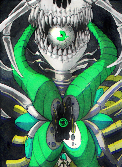 an alien looking skeleton with uneven rows of sharp pointy teeth, and a vivid green eyeball held carefully between them. there's variety of bones and surreal looking appendages all over its chest area, with another eyeball visible in the chest cavity. painting by wannabekingpin.