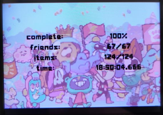 Completion screen
Goodboy Galaxy Evercade on Super Pocket
Background is Maxwell being carried on the shoulders of his friends
Shows 100% complete, all friends and items, 18 hours and 50 minutes