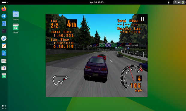 Gran Turismo running with beetle PSX, #PlayStation emulator. Fourth out of six, we're halfway through the second lap, the bend is well underway, the top three are just ahead... go for it!