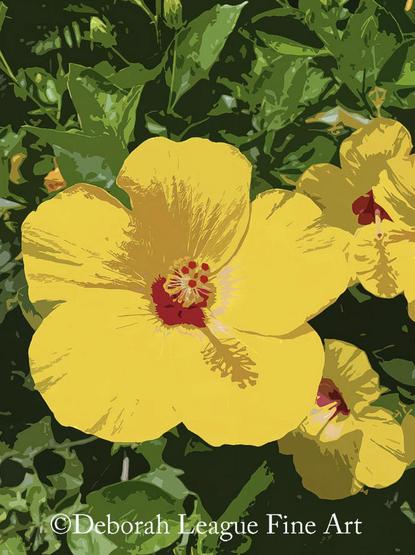 Pop-Art Floral features yellow hibiscus with red center against a green, leafy background on a bright summer day. The powerful colors shine, and the shadows are bold.