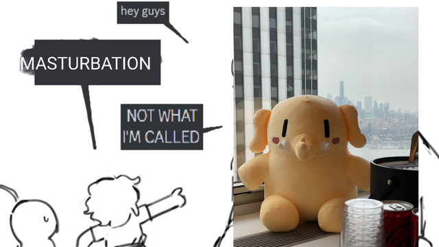Mastodon plushie saying "hey guys" to a group of sketched figures, one of whom points and says "MASTURBATION" to which the plushie replies "NOT WHAT I'M CALLED"
