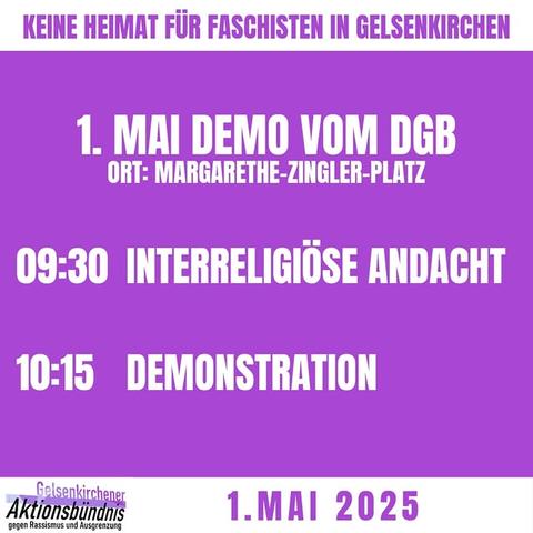 Bei der traditionellen 1. Mai-Demonstration des DGB (Start um 10:15 Uhr am Margarethe-Zingler-Platz, vorher um 9:30 Uhr Interreligiöse Andacht, Sammeln ab 9 Uhr) ist für alle Interessierten eine Abzweigung in Höhe des Musiktheaters geplant, um in Richtung Bahnhofsvorplatz zu demonstrieren.
