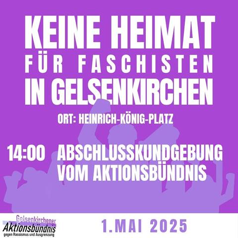 Hier findet ab 14 Uhr eine große Abschlusskundgebung vom “Gelsenkirchener Aktionsbündnis gegen Rassismus und Ausgrenzung” mit einem bunten Programm aus Wort- und Musikbeiträgen statt.