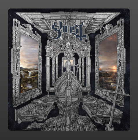 The album cover for Skeleta by Ghost features a haunting and intricate grayscale illustration, dominated by skeletal structures and gothic architecture. At the center, a skeletal figure wearing a mitre sits on a grand, throne-like structure, surrounded by towering pillars adorned with bones and skeletal motifs. Flanking both sides are massive, ornate frames that open into surreal landscapes — on the left, a serene view with waterfalls under a soft sky, and on the right, a darker, fiery sunset over a desolate, industrial scene. Above the central throne, the band's logo "Ghost" appears in a stylized metallic font, adding a dramatic and foreboding touch to the composition. The overall atmosphere is dark, mystical, and richly detailed, capturing a sense of decay, duality, and otherworldly grandeur.