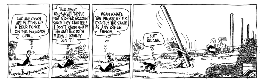 1. Dog is sitting, ruminating 'WAL' AND COOCH ARE PUTTING UP A DEER FENCE ON THIS BOUNDARY LINE...'

2. He scratches 'TALK ABOUT
BELLY-ACHE! THEY'VE NOT STOPPED GRIZZLIN' SINCE THEY STARTED!
I DON'T KNOW WHAT'S THE MATTER WITH THEM, I REALLY DON'T!'

3. and yawns 'MEAN WHAT'S THE PROBLEM? IT'S EXACTLY THE SAME AS ANY OTHER FENCE...'

4 as Cooch walks past, red in the face clasping a cabre ',BUT
BIGGER.'