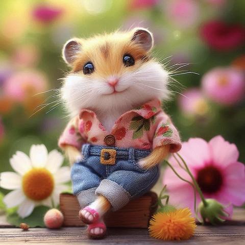 KI-Bild (DALL•E3):

Hamster Holly im Blümchenhemd, Jeans und rosa Sandalen. Er sitzt zwischen Blüten im Garten und guckt zufrieden.