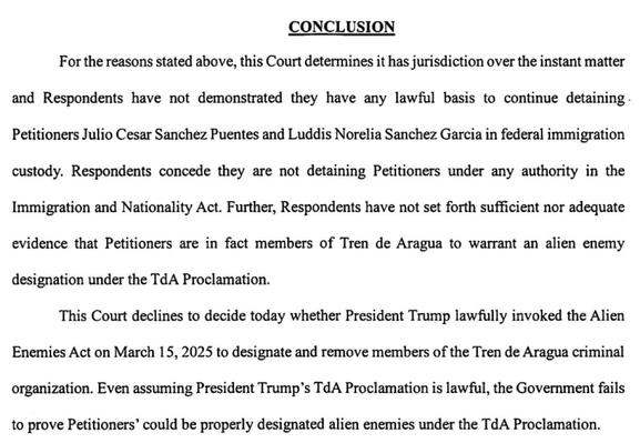 A legal document excerpt titled "CONCLUSION," discussing the court's determination regarding the jurisdiction over the case of petitioners Julio Cesar Sanchez Puentes and Luddis Norelia Sanchez Garcia, and the lack of lawful basis for their detention…