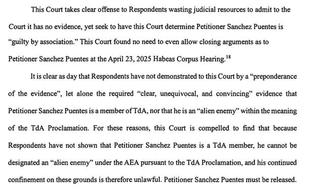 A legal document discussing a court's opinion regarding Petitioner Sanchez Puentes, stating that there is insufficient evidence to classify him as a member of a specific group or as an "alien enemy." The court emphasizes the lack of compelling evidence and asserts that his
