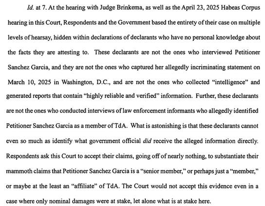 A legal document excerpt discussing a hearing involving Judge Brinkema, regarding a Habeas Corpus case. It critiques the reliance on hearsay and declarations from individuals lacking direct knowledge of the facts related to Petitioner Sanchez Garcia, highlighting concerns over the validity of