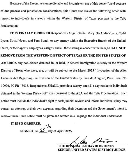 A court order addressed to specific respondents regarding the removal of non-citizens detained in the Western District of Texas. It details legal obligations and rights concerning custody, including a requirement for a 21-day notice and the right to seek judicial review…