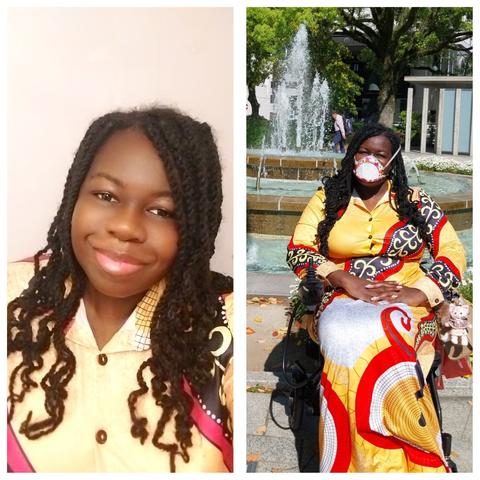 Two image collage of Jay wearing a bright yellow, red, white and black dress with swirling patterns. The first pic is a smiling selfie and the second is Jay sitting in her wheelchair wearing a orange and pink floral and butterfly pattern Flo mask in front of a fountain at the Peace Memorial Park in Hiroshima