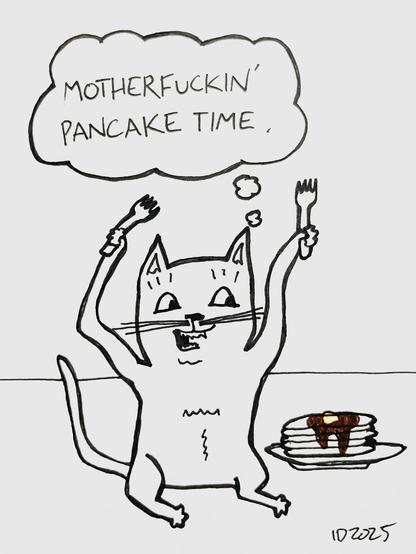 a cat leaps towards a pile of pancakes while holding two forks and thinks "motherfuckin' pancake time."