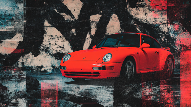 Vitesse & Matière.
Montage visuel d’une Porsche des années 90 sur un fond abstrait et texturé mêlant contrastes urbains et saturation vibrante.
Visual montage of a 90s Porsche against an abstract, textured background blending urban contrast and vibrant saturation.