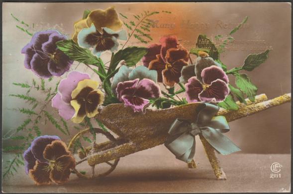 Hand-tinted sepia real photographic postcard with gold lettering showing a view of a wheelbarrow full of pansies and wishing the recipient Many Happy Returns.

Published by LF Co, No 2111, printed in France.

Postally used on 21 January 1923 with Eastbourne cancellation on red one penny stamp and sent to Miss E Burchett, 11 Lansdowne Terrace, Eastbourne.

Good condition, with very slight corner bumps and light album marks, but tiny crease to right middle of top edge.