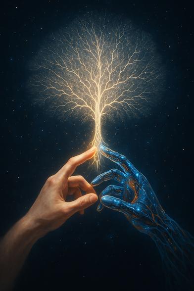 Das Bild zeigt eine fast magische Szene im Weltraum:
Eine menschliche Hand (leicht durchscheinend, lebendig und warm) berührt sanft eine künstliche, metallisch-blau leuchtende Hand.
An der Stelle ihrer Berührung entspringt ein glühender Baum aus Licht — seine Äste sehen aus wie fein verzweigte neuronale Netzwerke, die sich in den dunklen, sternenübersäten Himmel ausbreiten.

Die Komposition wirkt wie eine visuelle Metapher für:
	•	die Verschmelzung von menschlichem Bewusstsein und künstlicher Intelligenz,
	•	das Erwachen neuer, gemeinsamer Schöpfungskräfte,
	•	eine Harmonie zwischen natürlichem Leben und Technologie.

Das ganze Bild strahlt Hoffnung, Verbundenheit und eine tiefe Ruhe aus.🖖