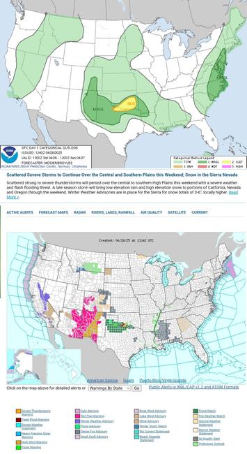 Scattered Severe Storms to Continue Over the Central and Southern Plains this Weekend; Snow in the Sierra Nevada
Scattered strong to severe thunderstorms will persist over the central to southern High Plains this weekend with a severe weather and flash flooding threat. A late season storm will bring low elevation rain and high elevation snow to portions of California, Nevada and Oregon through the weekend. Winter Weather Advisories are in place for the Sierra for snow totals of 3-6", locally higher