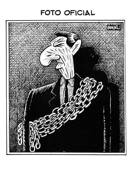 Charge em preto e branco por Angeli, parodiando a foto oficial do então presidente Collor, mostrando-o de perfil, acorrentado onde devia vestir a fixa presidencial.