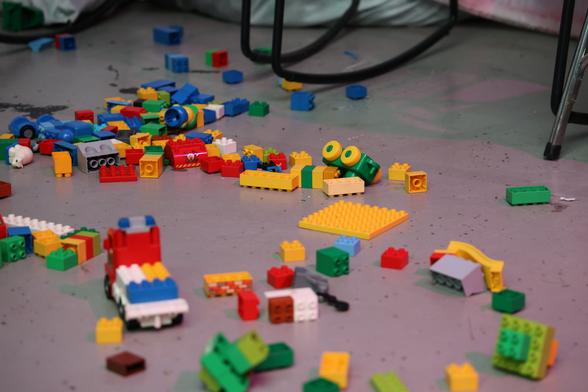 LEGO parts spread on the floor