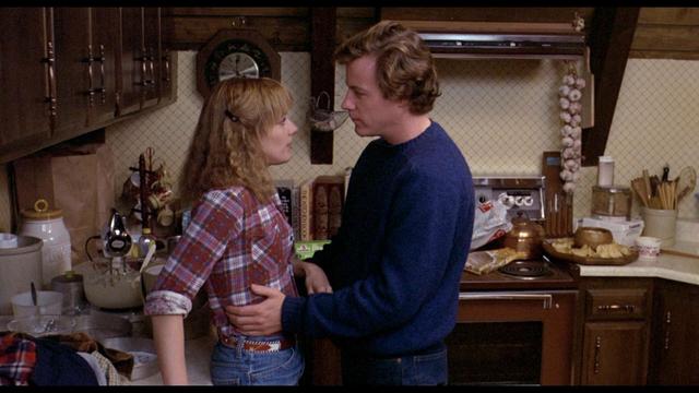 The image depicts a domestic kitchen scene with two individuals engaged in a conversation. The kitchen has dark wooden cabinets above a counter cluttered with various items. On the left side, a woman with wavy blonde hair is wearing a red plaid shirt and jeans. She is facing a man who has short brown hair and is wearing a dark blue sweater. The man's hands are gently resting on the woman's waist. The kitchen backdrop includes a stovetop, some copper and ceramic pots, a bundle of garlic hanging, and food items placed on the counter. A wall clock is visible above the stove, and various kitchen utensils and appliances such as a mixer and food processor are scattered about.