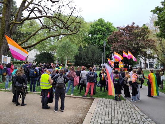 Demo in einem Park. Viele Menschen mit Pride-Fahnen, vor allem Lesbian-Pride-Flags.