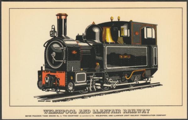 Printed colour postcard showing an illustration of the Welshpool and Llanfair Railway Beyer Peacock Tank Engine No 2 The Countess.

Published by Prescott-Pickup & Co Ltd, Bridgnorth, No N4C.

Postally unused.

Very good condition, with minimal corner bumps.
