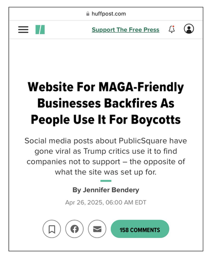 Screenshot of Huff Post article about the MAGA website Public Square Dot Com (from April 26th, 2025).
