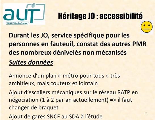 Service spécifique pour les personnes en fauteuil, mais de nombreux dénivelés non mécanisés

Annonce d'un plan "métro pour tous" très ambitieux , mais coûteux et lontain