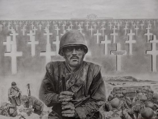 Drawing with various WW2 scenes for exposition, drawn with graphite pencils.