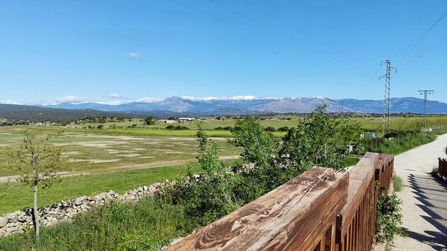 A view out over lush green fields towards the snow tipped mountains of the Sierra de Madrid. In the foreground a worn wooden handrail emerges from the lower edge of the image stretching as far as the centre.