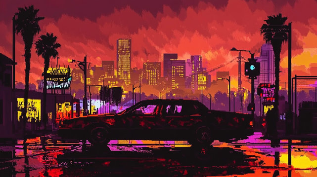 Fièvre Urbaine.
Scène pixel art d’une voiture garée sous un ciel en feu, avec une ville vibrante en arrière-plan et des reflets colorés sur l’asphalte mouillé.
Pixel art scene of a car parked under a blazing sky, with a vibrant city backdrop and colorful reflections on wet asphalt.