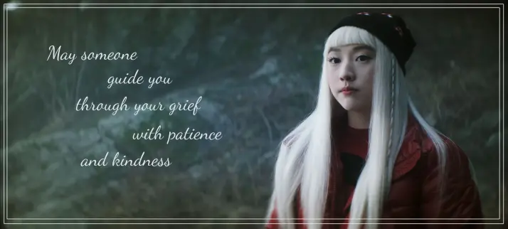Niko, looking somber, with text that reads "May someone guide you through your grief with patience and kindness"