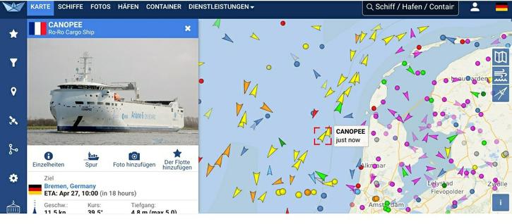 Map of northsea near Holland ( Netherlands) . The symbol of square marks the ship vessel Canopee. Left in the description the harbour Bremen is given as target destination. Point in time for arrival will be So 27.4 10 am in 18 hours .