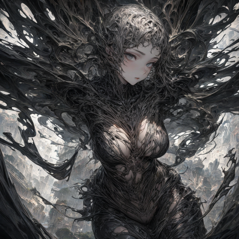 1girl, sexy, high_quality, highres, detailed, masterpiece, best quality, absurdres, 8k, HDR, art brut, raw expressive lines the human form merging seamlessly with flowing liquid metal or strange organic textures stark negative space isolating a single, strange detail high-contrast black and white, graphic novel style a symmetrical composition split into contrasting halves rough, thick impasto brushstrokes visible across the entire piece auras of crackling static electricity or contained plasma