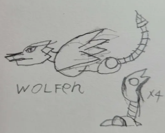 A sketch of the Wolfen Animek with it's leg depicted seperately for a clear view of the body.