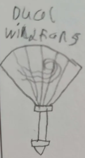A concept sketch of Ares' Wind element weapon, of which Ares will have 2 equipped.