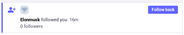 A Mastodon notification saying "Elonmusk followed you.
0 followers"