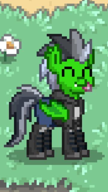 Green bat pony still in signature black boots, steel knee pads wearing a black open jacket with no cuffs this time,a white shirt inside while wearing a pair of dark blue jeans. Sleeves and pants seeps in underneath the inside of the black boots