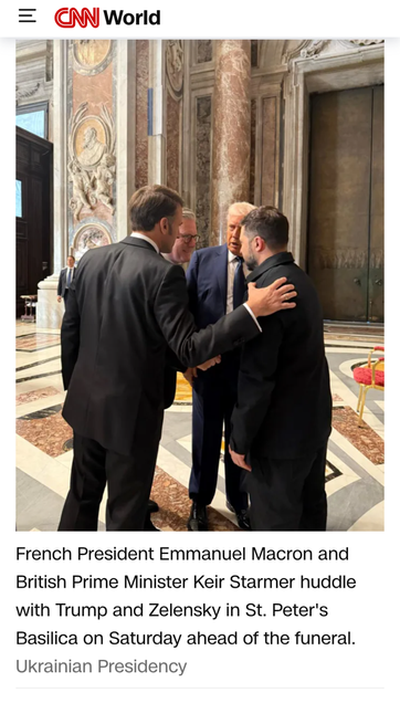 French President Emmanuel Macron and British Prime Minister Keir Starmer huddle with Trump and Zelensky in St. Peter's Basilica on Saturday ahead of the funeral.