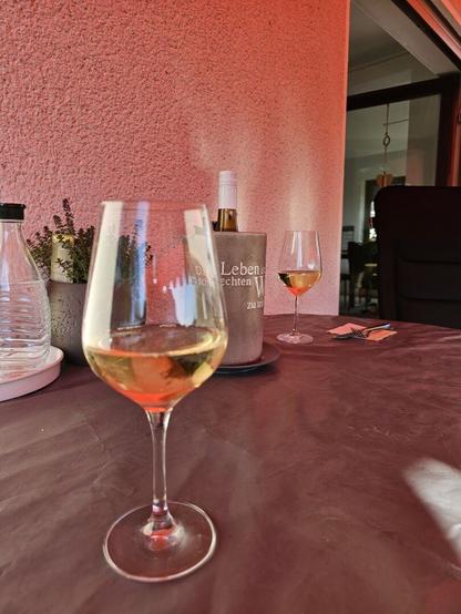 Das Bild zeigt eine Tischszenen mit zwei Weingläsern, die mit einem hellen Weißwein gefüllt sind. Im Vordergrund steht ein Weinglas, das in den Fokus gerückt ist, und im Hintergrund ein weiteres Weinglas auf einem Tisch mit einem braunen Tischdecken. Zwischen den Gläsern befindet sich eine Weinflasche in einem Eisbehälter, der mit der Aufschrift "Das Leben ist schlechten zu trinken" versehen ist. Links neben dem Eisbehälter steht ein Wasserflakon. Der Hintergrund zeigt eine rosa gestrichene Wand und einen Teil eines Raumes mit Möbeln. Die gesamte Szene wirkt einladend und entspannt, ideal für einen gemütlichen Weinabend.

Bereitgestellt von @altbot, privat und lokal generiert mit Ovis2-8B