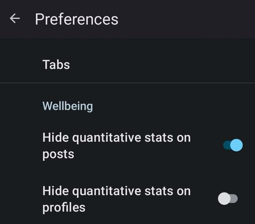 Screenshot from the app setting in the mastodon client "Pachli" on Android.

Tab: Wellbeing has two options:
Hide quantitative stats on posts
Hide quantitative stats on profile