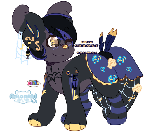 A canine plush creature that is black with a pillowcase tail. The character has a very gothic design with blue and black stockings, accessories crafted of fine lace and gold, and many feathers and tassles adorned about.